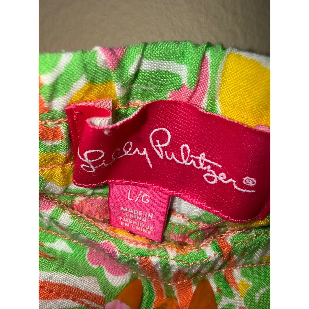 Lilly Pulitzer Women Large Tropical Floral Pom Pom Trim Beach Shorts Yellow Pink - Picture 4 of 6